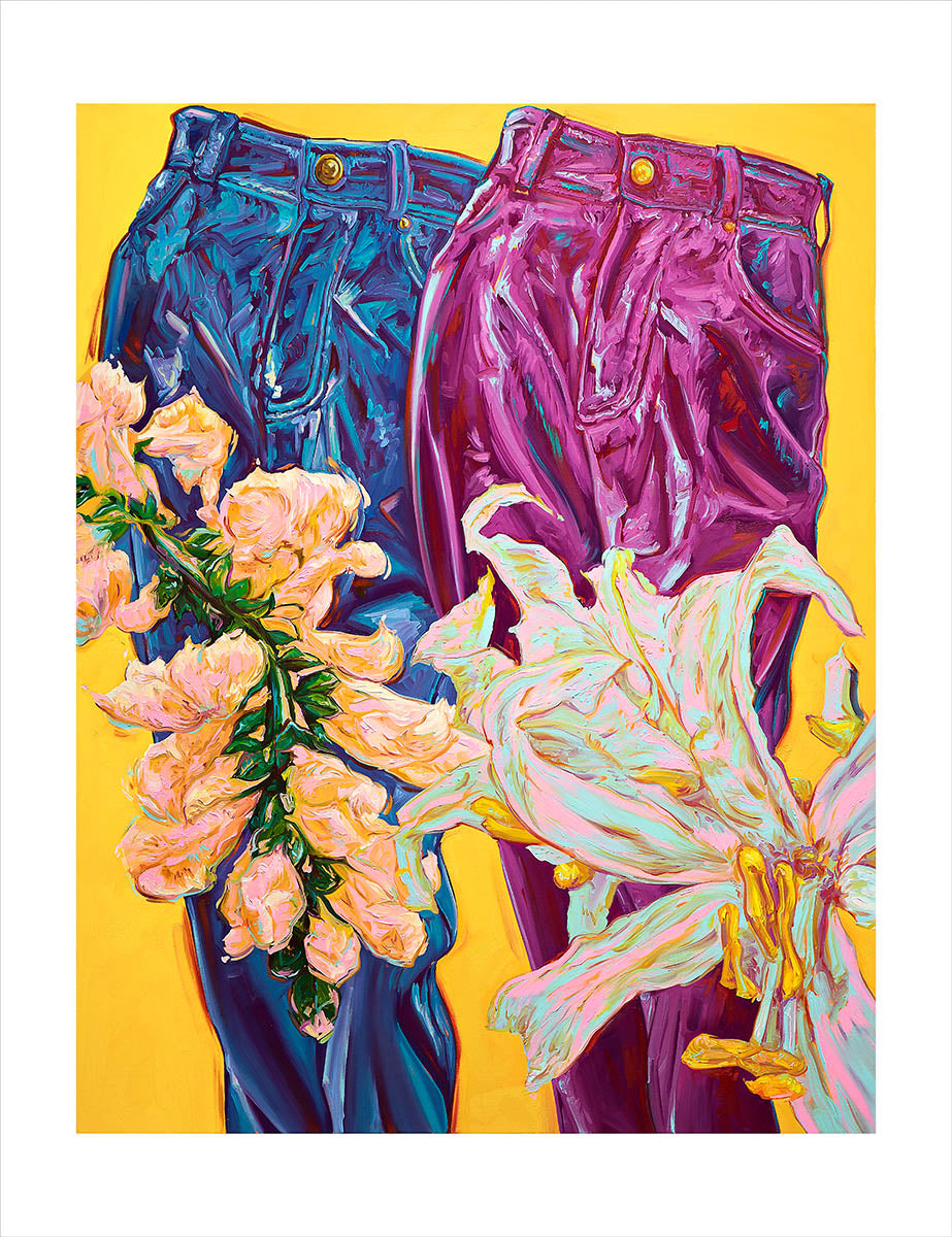 Reproduction d’une peinture d’armand jalut, représentant une composition de deux pantalons en cuir avec des fleurs sur fond jaune. Couleurs vives. En impression numérique qualité musée.