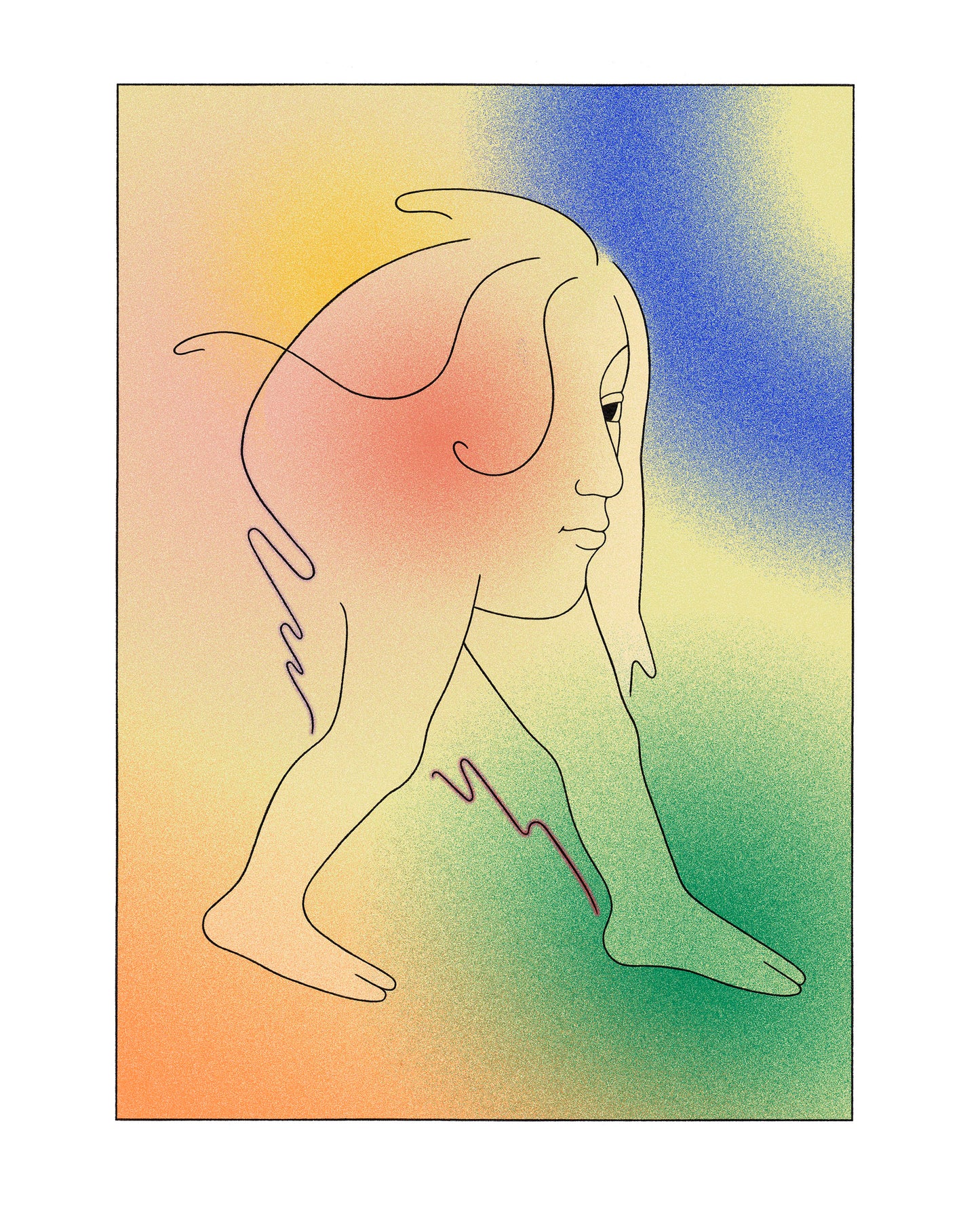 Dessin au trait noir d'une tête sur jambes de Linda Merad. Fond spray multicolore.