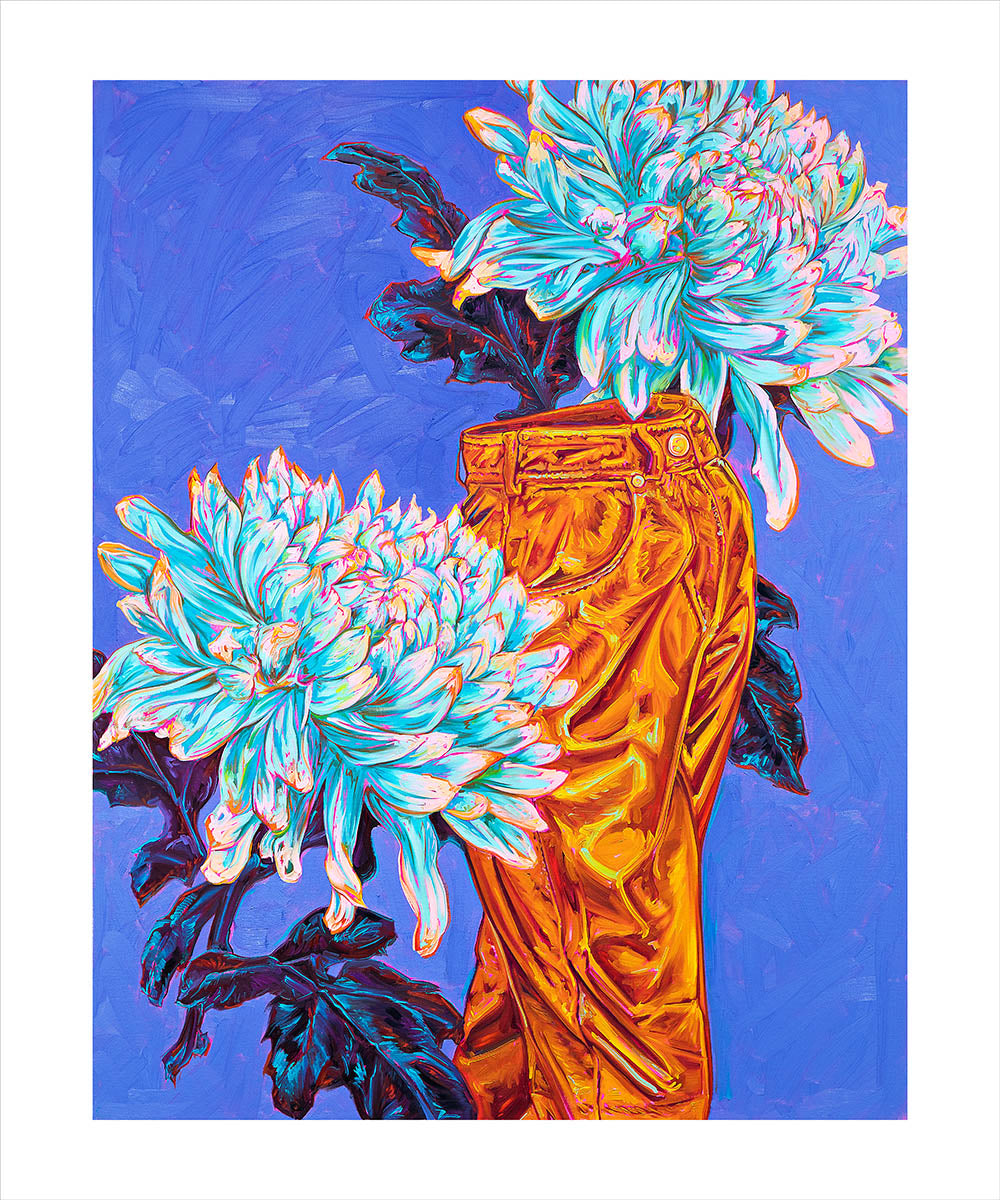 Reproduction d’une peinture d’armand jalut, représentant une composition d’un pantalon en cuir avec des fleurs sur fond Bleu-violet. Couleurs vives. En impression numérique qualité musée. 