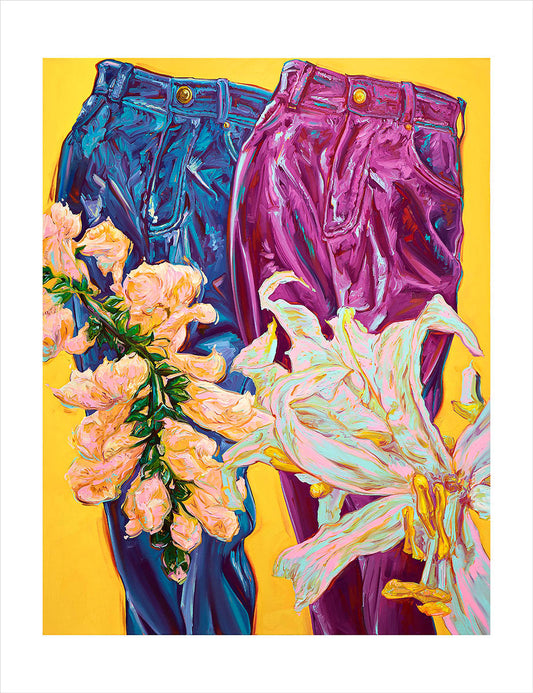 Reproduction d’une peinture d’armand jalut, représentant une composition de deux pantalons en cuir avec des fleurs sur fond jaune. Couleurs vives. En impression numérique qualité musée. 