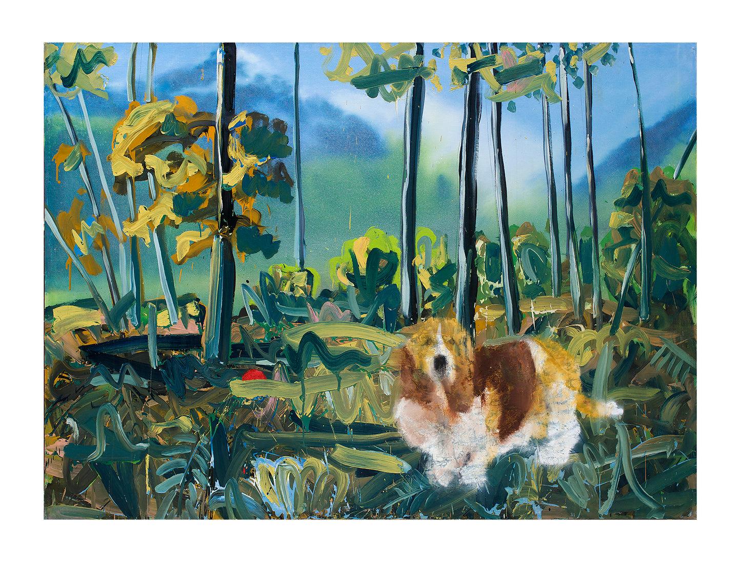 Reproduction d’une peinture de chien en forêt par Fabien Boitard en impression numérique qualité musée. Œuvre d’art originale et signée.