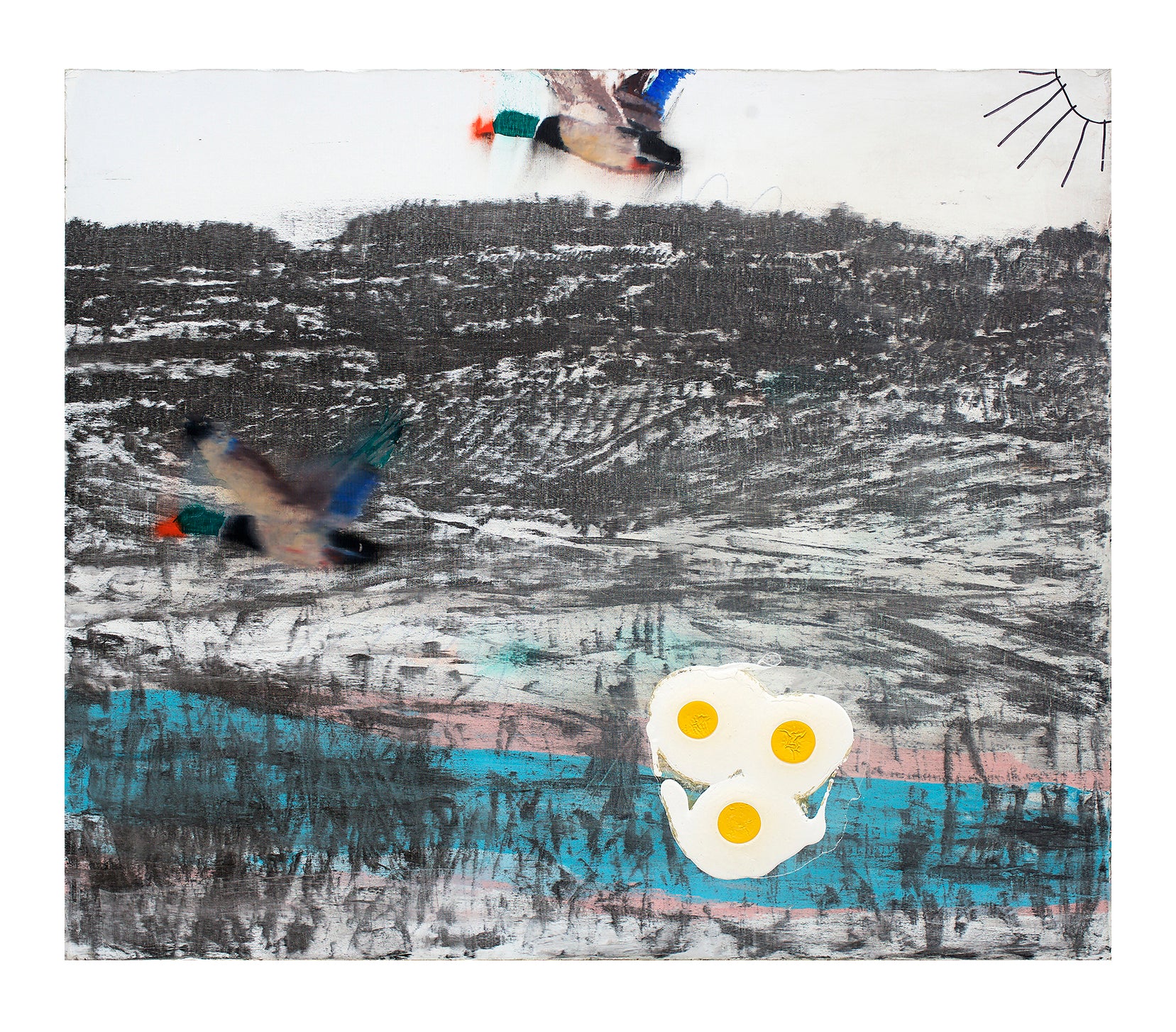 Reproduction d’une peinture de paysage constitué d’oies en vol et d’œufs aux plats par Fabien Boitard en impression numérique qualité musée. Œuvre d’art originale et colorée.
