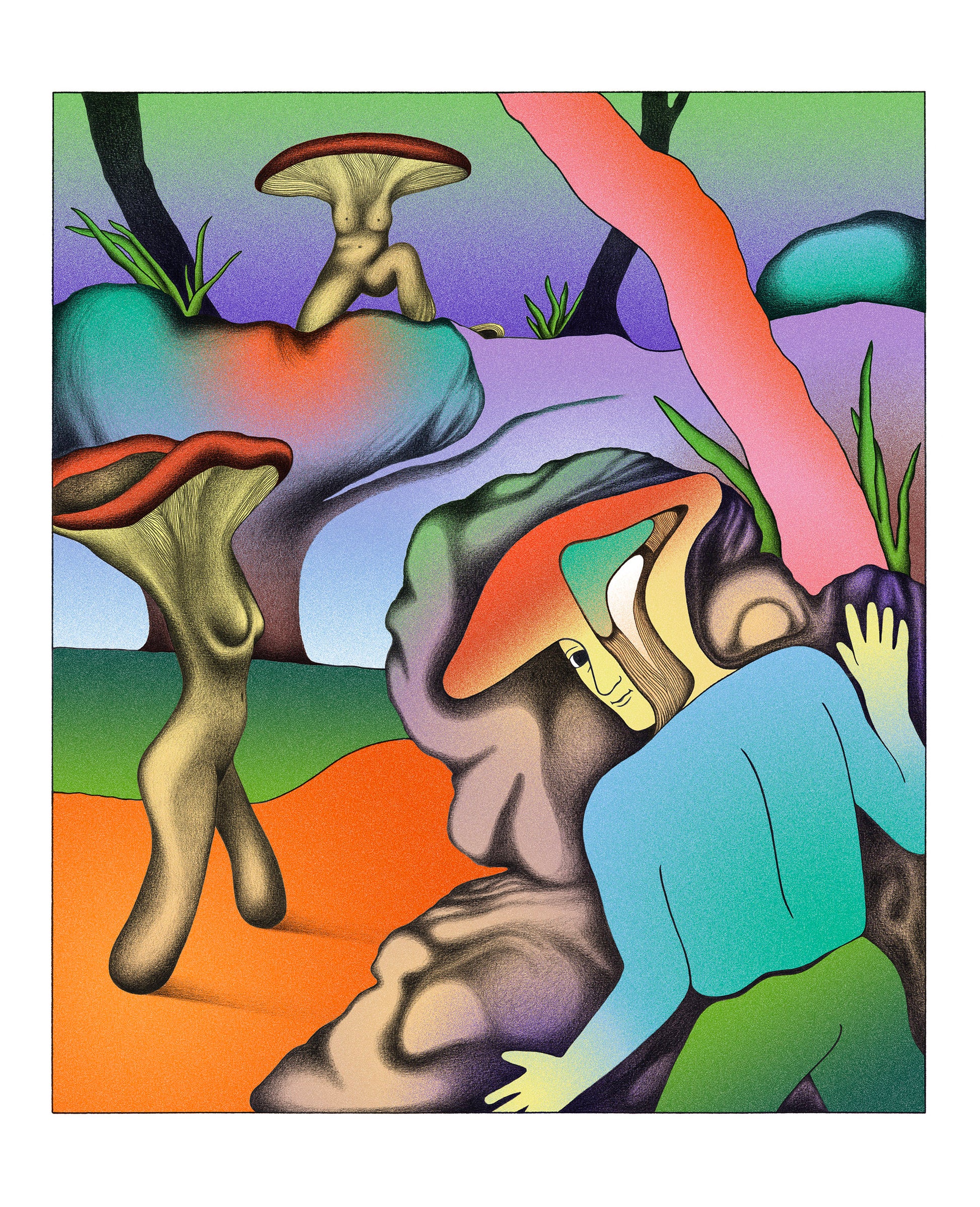 Dessin d'une scène voyeuriste, faite de personnage-champignon de Linda Merad. Fond spray multicolore.