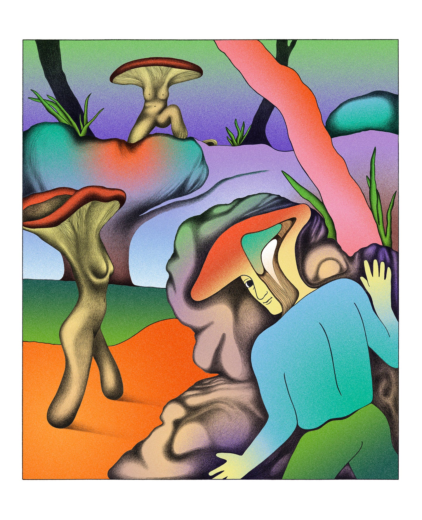 Dessin d'une scène voyeuriste, faite de personnage-champignon de Linda Merad. Fond spray multicolore.