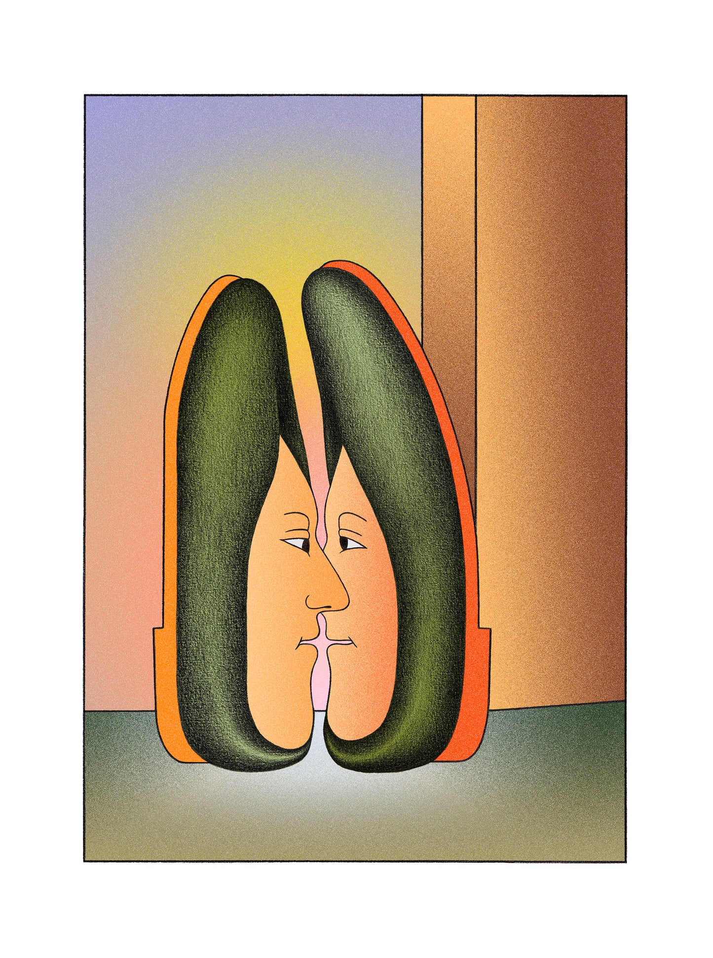 Dessin de deux chaussures qui s'embrassent de Linda Merad pour haydée. Fond spray multicolore.